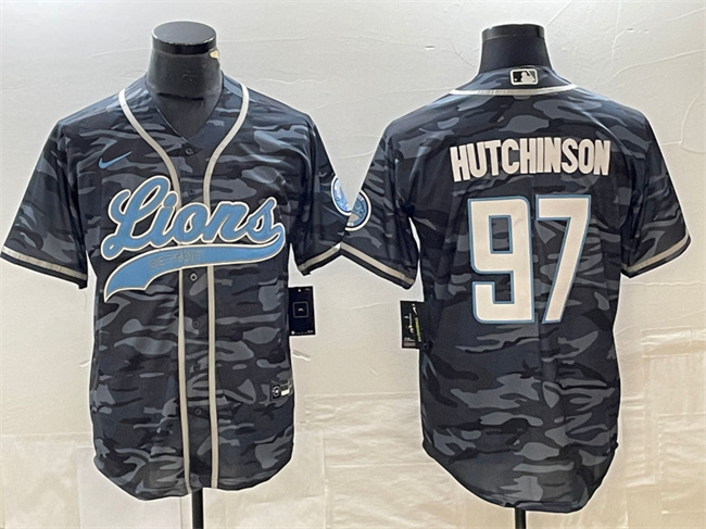 Men's Detroit Lions #97 Aidan Hutchinson Gray Camo Cool Base Stitched Baseball Jersey